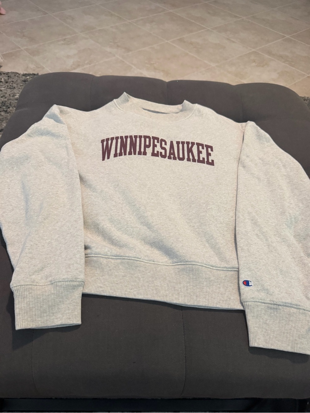 Champion Light Gray Crewneck Sweatshirt with Maroon 'WINNIPESAUKEE' Arch